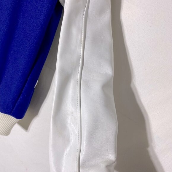 Vintage ‘77 Blue Varsity Jacket W White Leather Sleeves Wetaskiwin Sportshop S - Picture 10 of 16